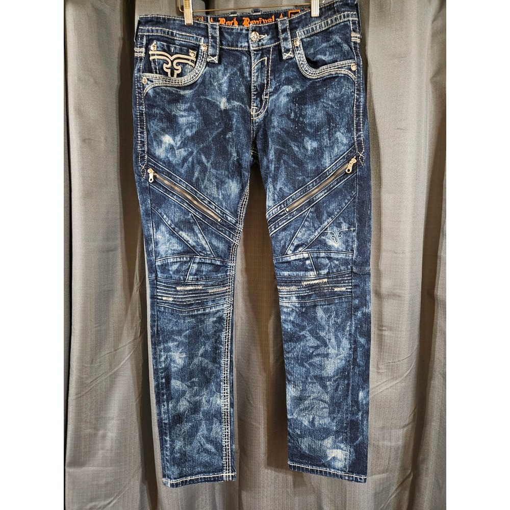 Rock Revival Nels Slim Taper Collectors Edition Acid Wash Moto‎ Jeans Mens 36